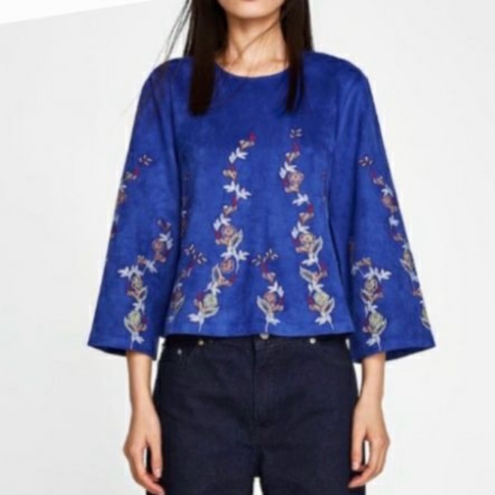 Zara Faux Suede Floral Embroidered Royal Blue Top 3/4 Sleeves Size US M